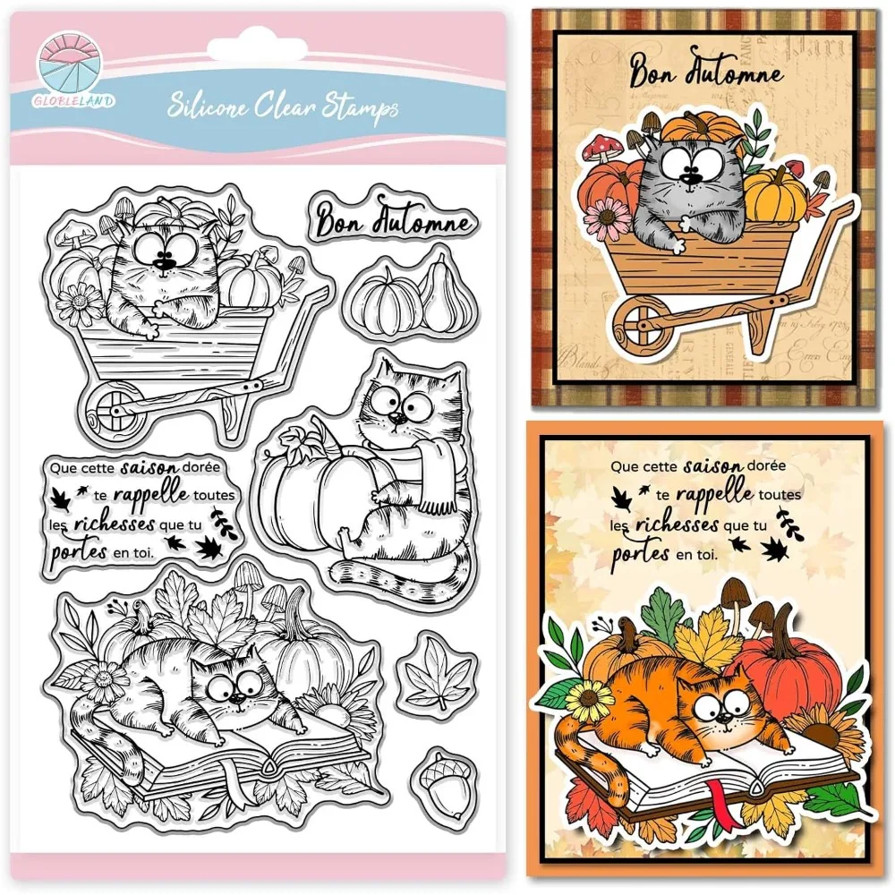 Herbstlicher Comic-Katzen-Stempel für Scrapbooking, französische Cartoon-Katzen-Stempel, Thanksgiving-Tiere, transparenter Stempel