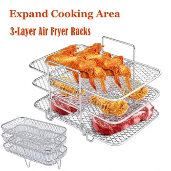 Image 3-Layer Stainless Steel Steaming Racks Air Fryer Tray Air Fryer Accessories Baking BBQ Gril Roasting Rack Cooking Kitchen Tools