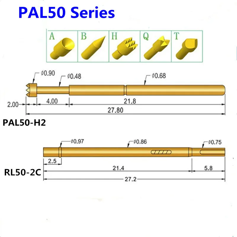 

20PCS Gold-plated Spring Test Probe PAL50-A2 B1 E2 D2 G2 H2 J1 Q1 Q2 T2 LM2 Outer Diameter 0.68mm Length 27.8mm PCB Pogo Pin