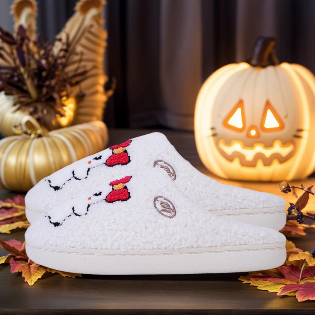 Sandal Rumah Boneka Hantu Lucu, Sandal Termal Datar, Sandal Rumah Bulu Halus yang Nyaman, Sandal Bulu Lembut Anti Selip untuk Kamar Tidur Dalam Ruangan