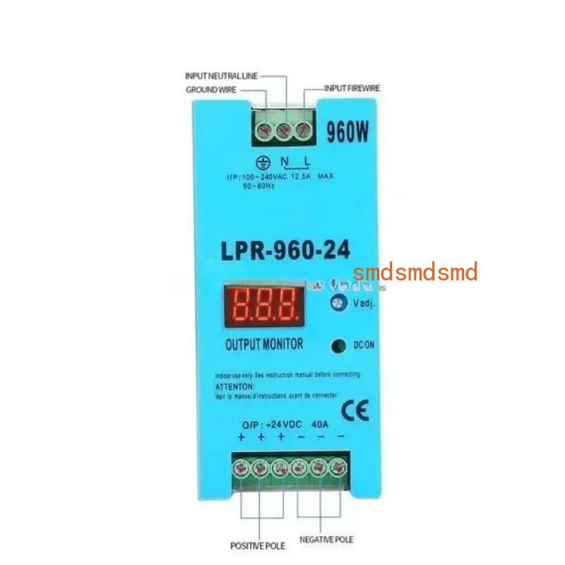 LPR - 960 - 24: Single Output, 960W (24V 40A), AC To DC, DIN Rail, Digital Display Switching Power Supply