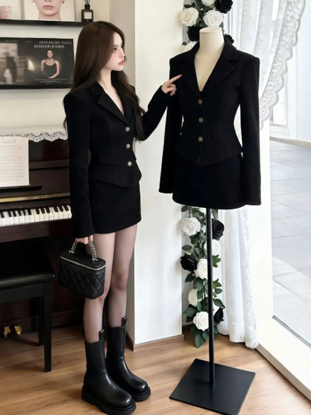 

Hebe Sle V-Ne Jaet And Skirt Set Gentle Ele Spring Faion Women's Comfortable Long Sve Button up Outfit