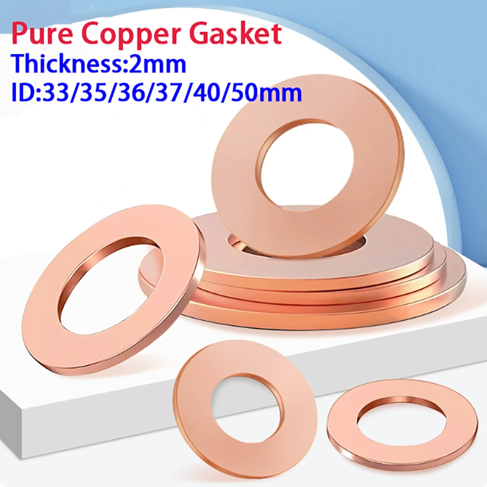 2-10Pcs Pure Copper Gasket Thick 2mm Sealing Gasket Flat Ring Seal Solid Purple Copper Gasket ID 33/35/36/37/40/50mm Hardware