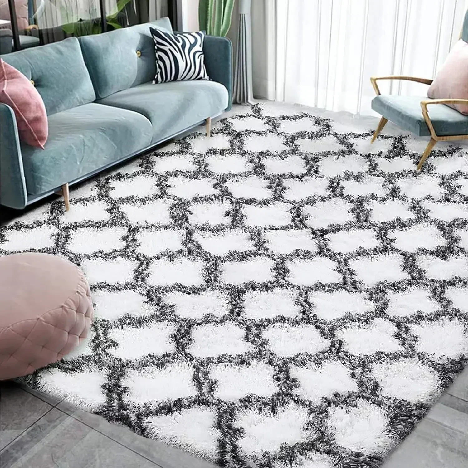 

Bedside Carpet Fluffy Plush Carpet Soft Oversized Carpet Suitable For Living Room Bedroom Indoor Carpet Geometric Plaid Carpet