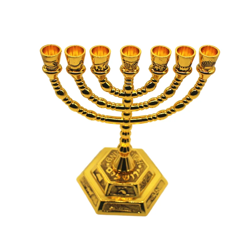 Menorah Candelabra for Home Decoration, Candle Holder, Judaica Hanukkah, 12 Tribes Gold Color Candlestick, Alloy Religious Decor