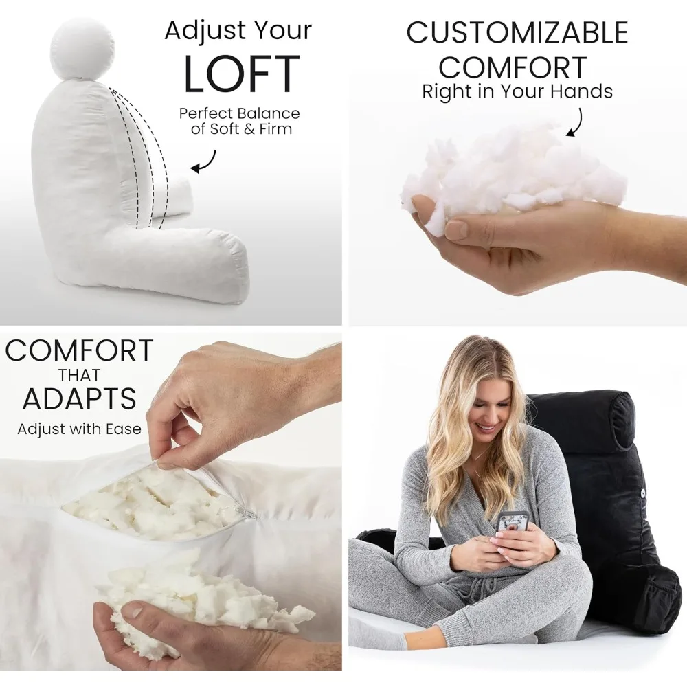 وسادة سوداء مستقرة متوسطة الحجم ومريحة للغاية مع أذرع لقراءة الجلوس ومسند السرير، لفة رقبة قابلة للفصل لـ Premium S