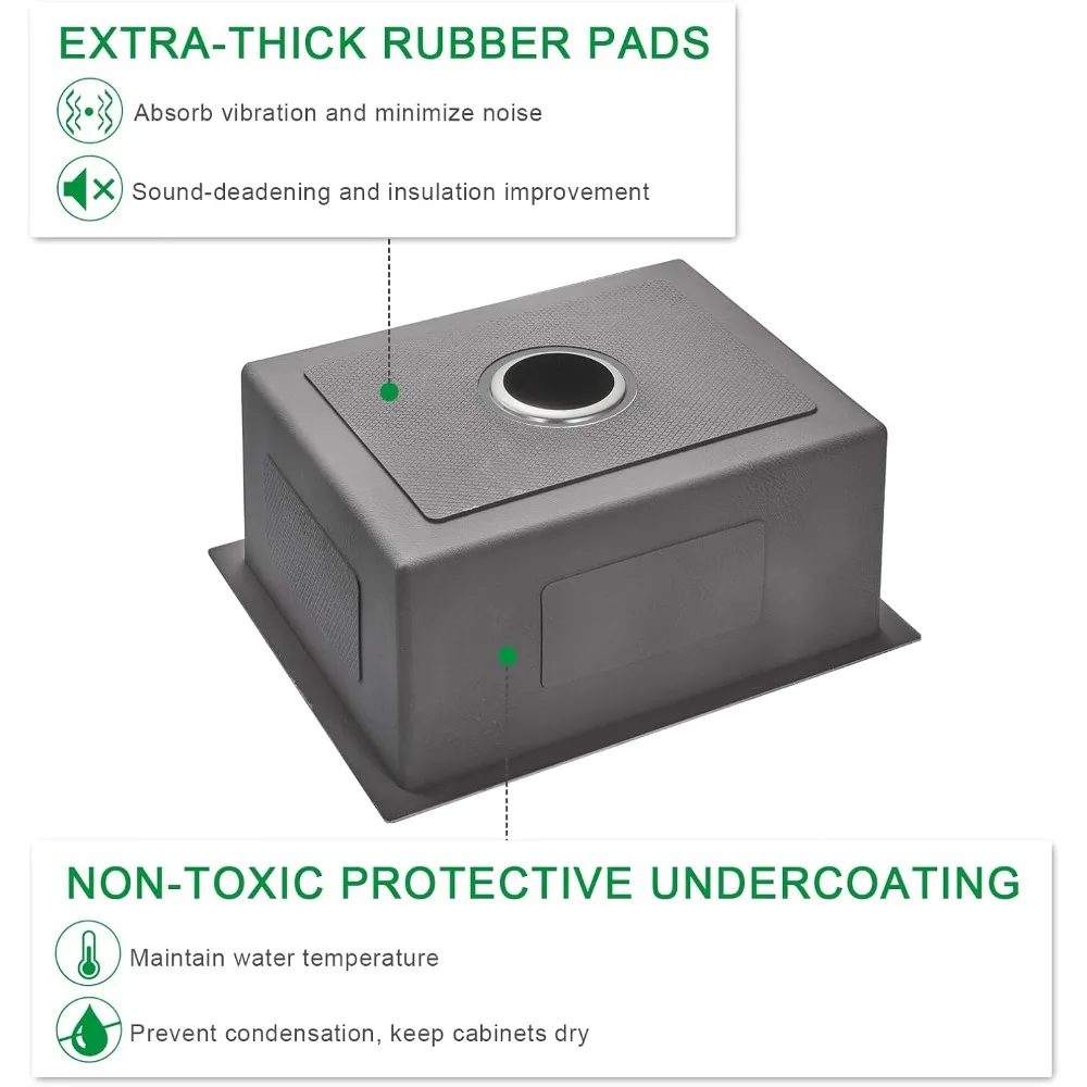 حوض مطبخ بوعاء واحد من الفولاذ المقاوم للصدأ 304 مقاس 20 × 16 بوصة، عميق 9 بوصة، تصميم مدمج سفلي مع نصف قطر ضيق C #5