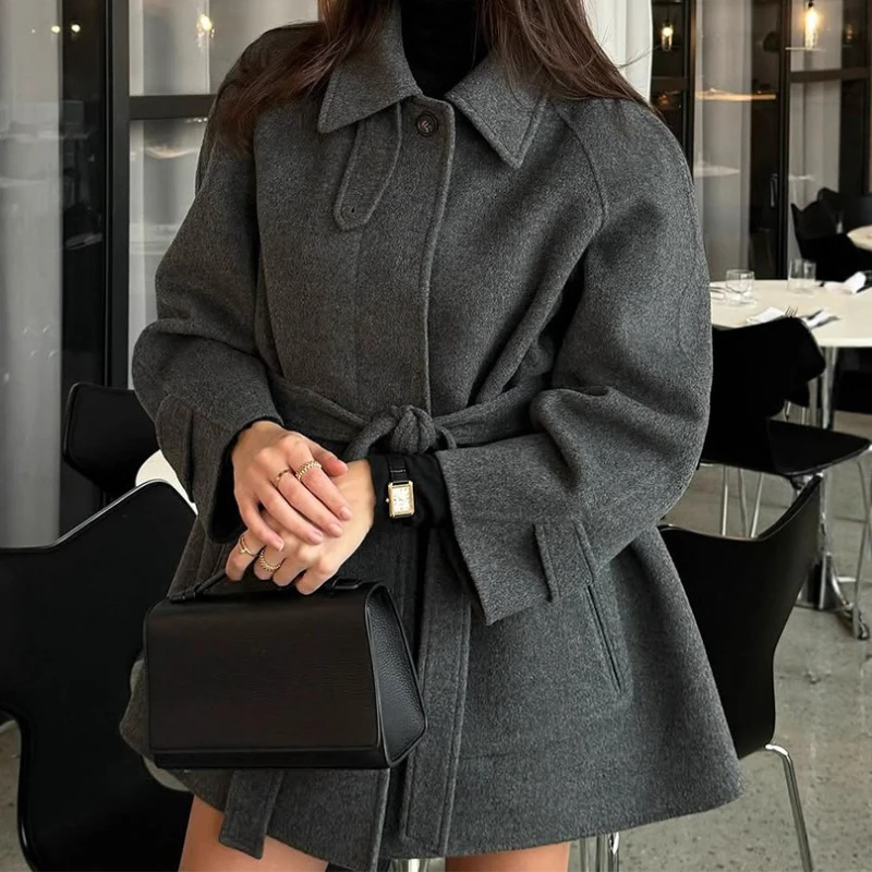 Korean Version of Elegant Temperament, Solid Color Lapel Lace-up Woolen Jacket Women's 2025 Fall/winter New Wholesale