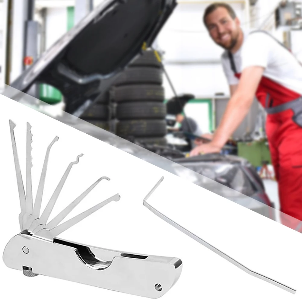 Set di plettri per strumenti di decompressione 7 in 1 Set di plettri per serrature pieghevoli multifunzionali in acciaio inossidabile Kit di attrezzi per fabbro tascabile
