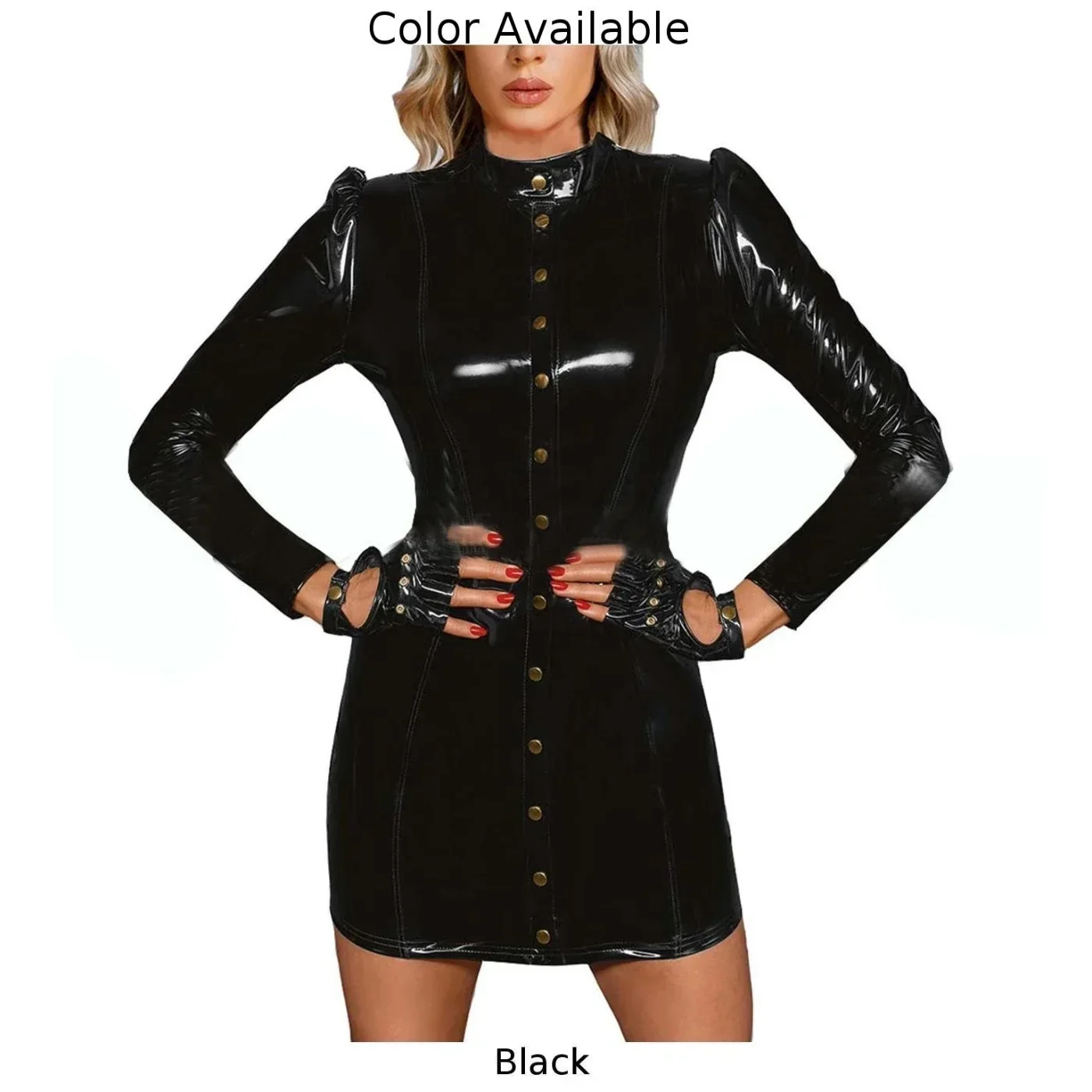 Women Long Sleeve Mini Dress Patent Leather Wet Look Button Dress Lingerie High Neck PU Front Button Sheath Mini Short Dress A50