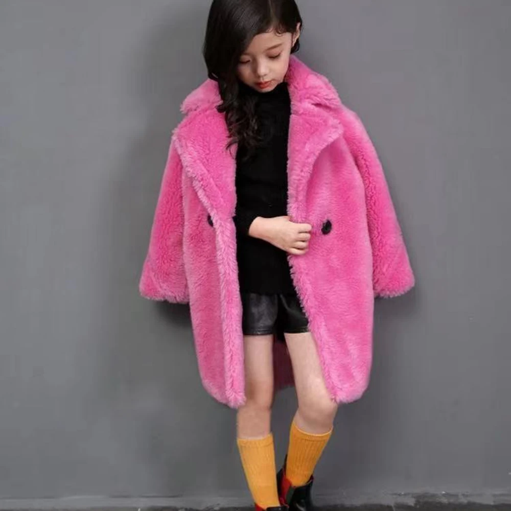 2023 Winter Girls Imitation Fur Warm Coats Children Lapel Thick Overcoat Teens Kids Lambswool Outerwear Long Jackets for Girls 9