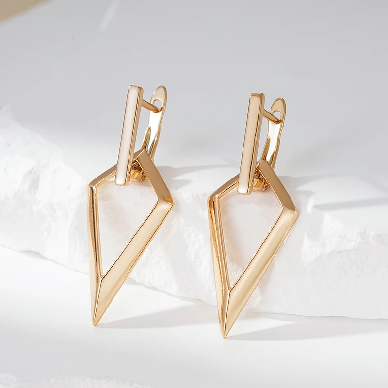 Kinel Fashion Glossy Hollow Rhombus Long Drop Earrings for Women 585 Rose Gold Simple Metal Bride Wedding Daily Party Jewelry