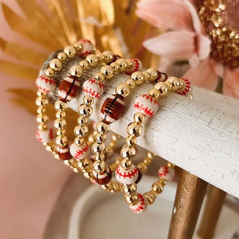 KKBEAD Rugby Baseball Beads Bracelet for Women Fashion Jewelry 18K Waterproof Gold Plated Beads Stretch Bracelets
