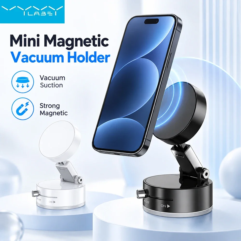 Vyvylabs Magnetic Vacuum Phone Holder Suction Cup Foldable Adjustable Stand for iPhone 12-18 Samsung Smartphone Desk Mirror Wall