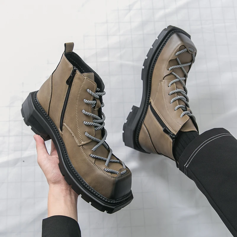 

Высококачественные противоскользящие уличные ботинки с круглым носком на толстой подошве для осени, мужские удобные кожаные туфли на шнуровке с боковой молнией и высоким берцем
