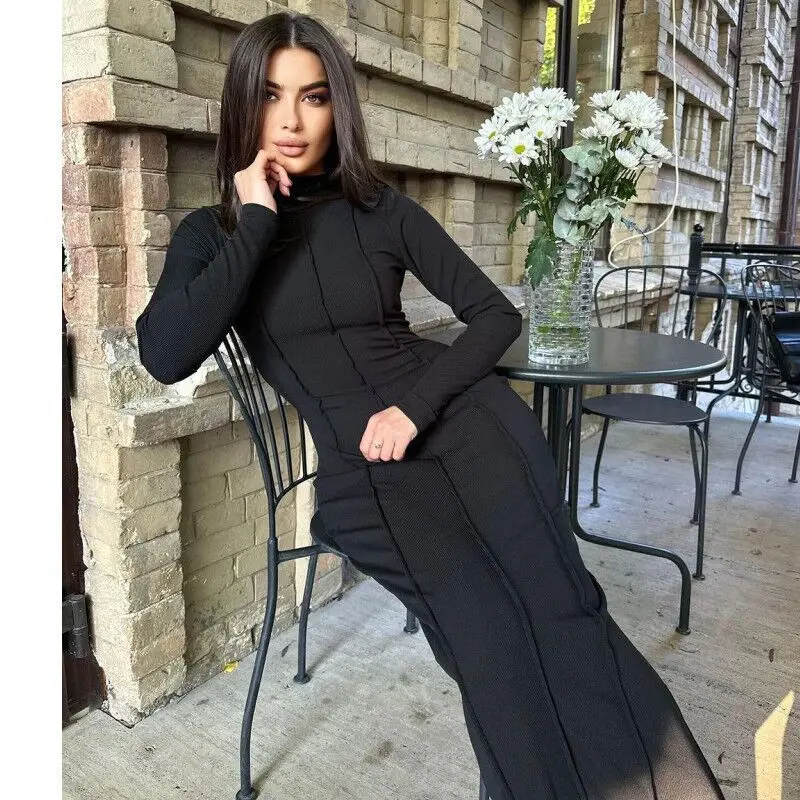 2023 Autumn New Amazon Cross-Border Half Turtleneck Sunken Stripe Long Sleeve Skirt Slimming Waist Dress for Women