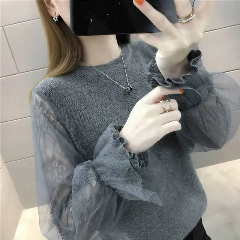 Mori Girl Style Lace Gauze Patchwork Thick Flare Sleeve O-Neck Multiple Colors Knitting Sweaters Ladies Autumn Clothing Grace