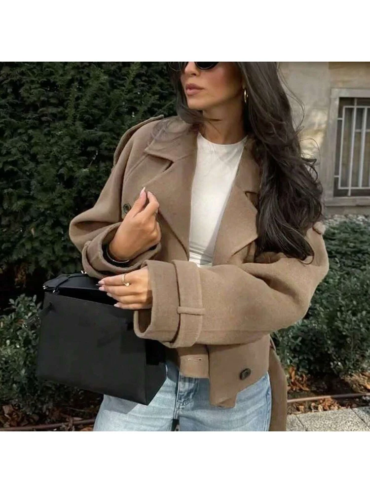 2025 Autumn/Winter New Arrival Women's Solid-Colour Double-Breasted Fashion Long-Sleeved Cropped Wool Coat Minimalist