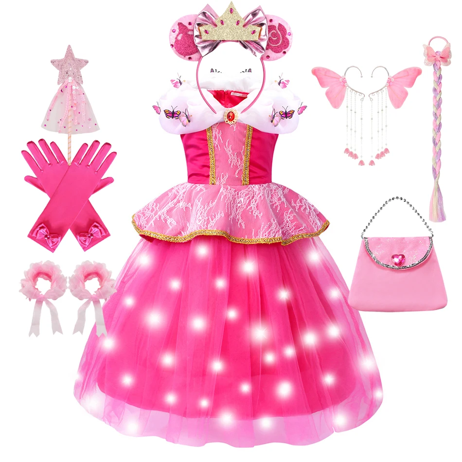 

Disney Princess Sleeping Beauty Cosplay Costume Girls Rose Red Butterfly Dress Kids Luxury Ball Gown for Carnival Birthday