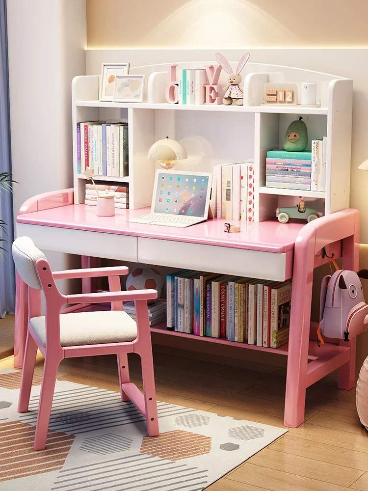 Postmodern Primary And Secondary School Girls Can Lift Solid Wood Desk Bookshelf Integrated Table
