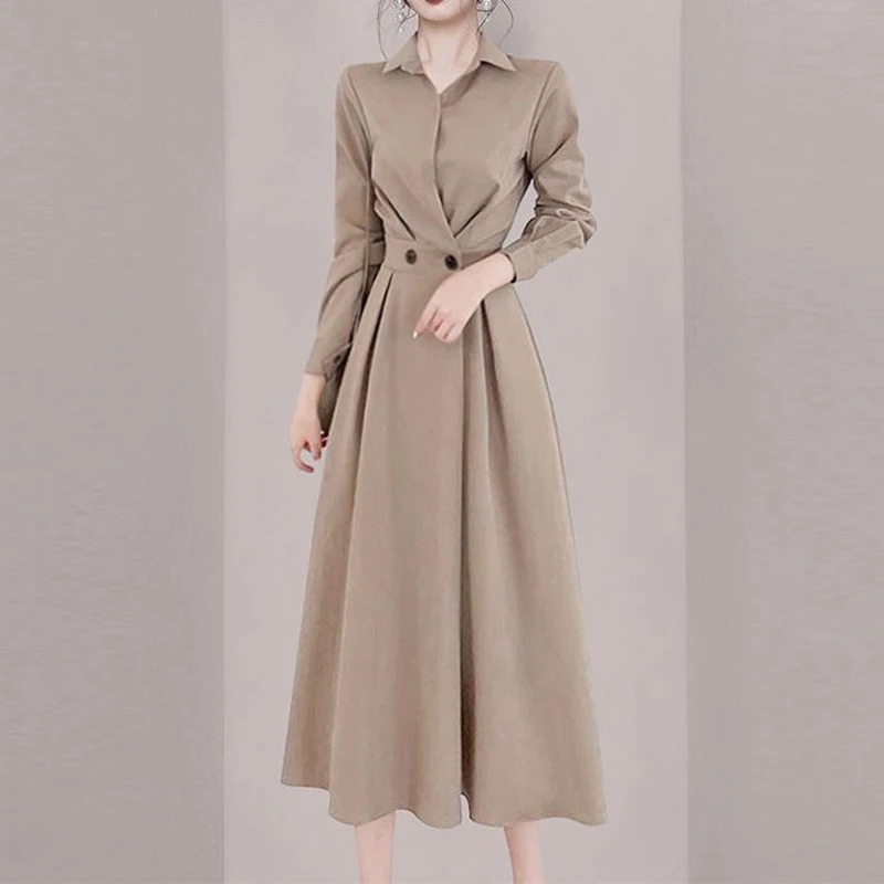 Spring Autumn Solid Color Midi Dress Women POLO Collar Long Sleeve Fashion Dresses Elegant Button High Waist Vintage Vestidos