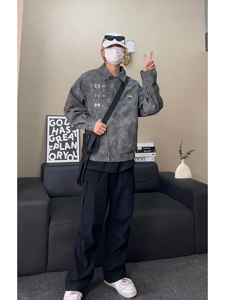 

Deep ey ort Men's Leather Jaet Autumn Winter Sle Detroit Design Cleanfit American Baseball orm Zipper Closure Lon...