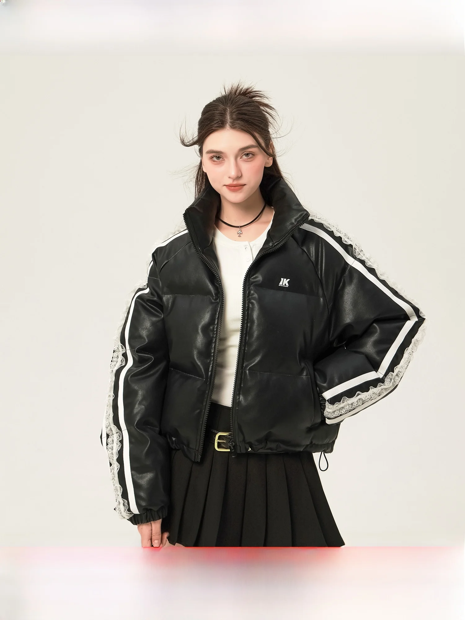 

Ikyou Thiened ort Пальто из искусственной кожи с кружевным воротником Bread Sle Женская зимняя куртка прямого кроя из хлопка с простым принтом