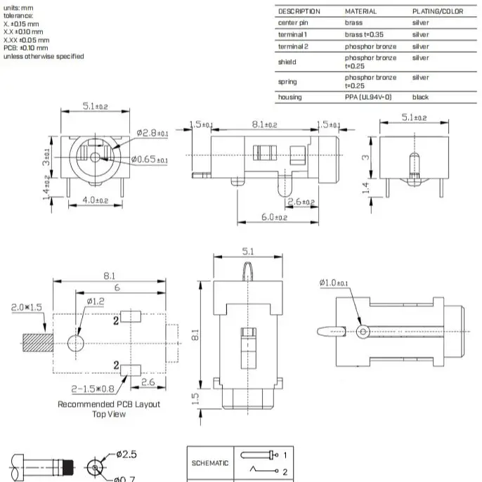 PJ-039-SMT-TR Surface Mount DC Power Jack 0.65mm Right Angle Orientation Shielded Connector for PCB Portable Devices