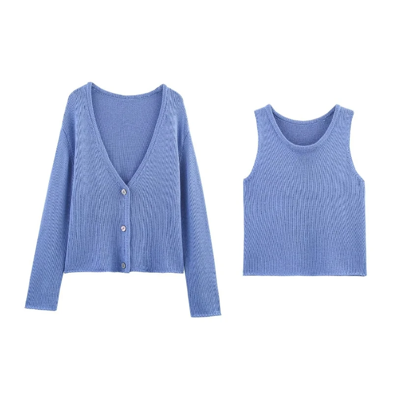 

2025 Winter Top Solid Color Lazy Style Knitted Vest and Cardigan Coat Two Piece Set for Women