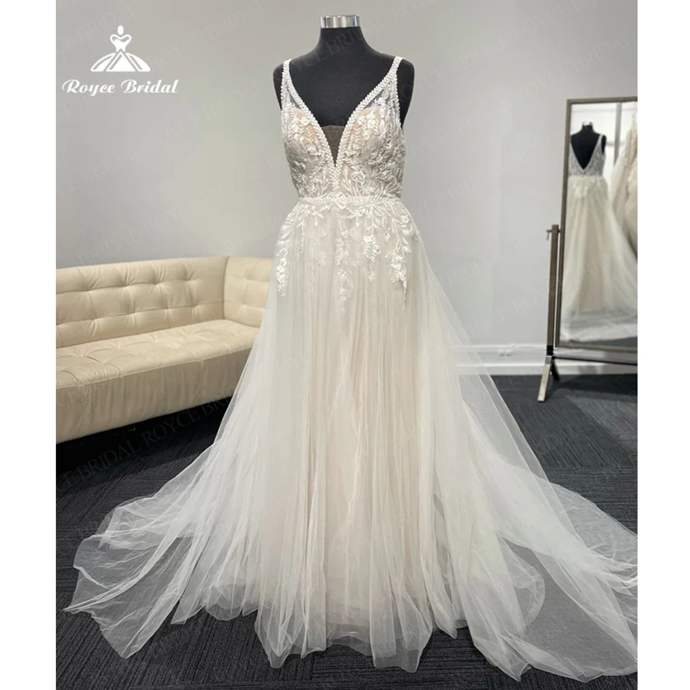 Roycebridal – robe de mariée de princesse, col en v, avec Tulle brodé, personnalisé, hiver