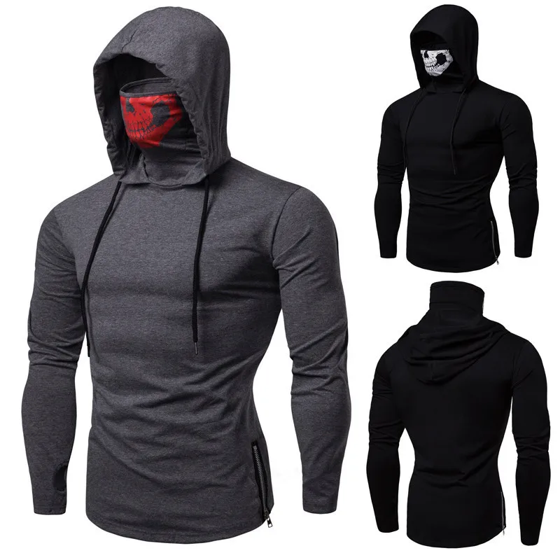 

2023 New Hooded T-shirt Men's Elastic Fitness Halloween Men's Long Sleeve T-shirt Skull Mask Design Coat