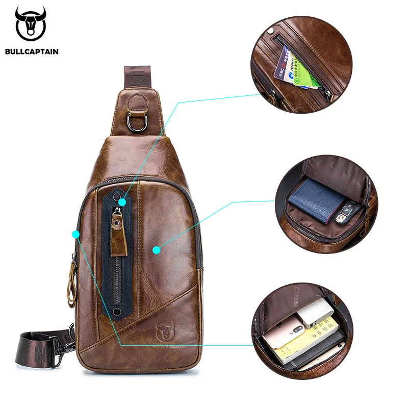 BULLCAPTAIN Leather Fashion Men\'s Chest Bags Casual Messenger Bag\'s Multi-Function Mobile Phone Compartment Bages Chest Bag Men