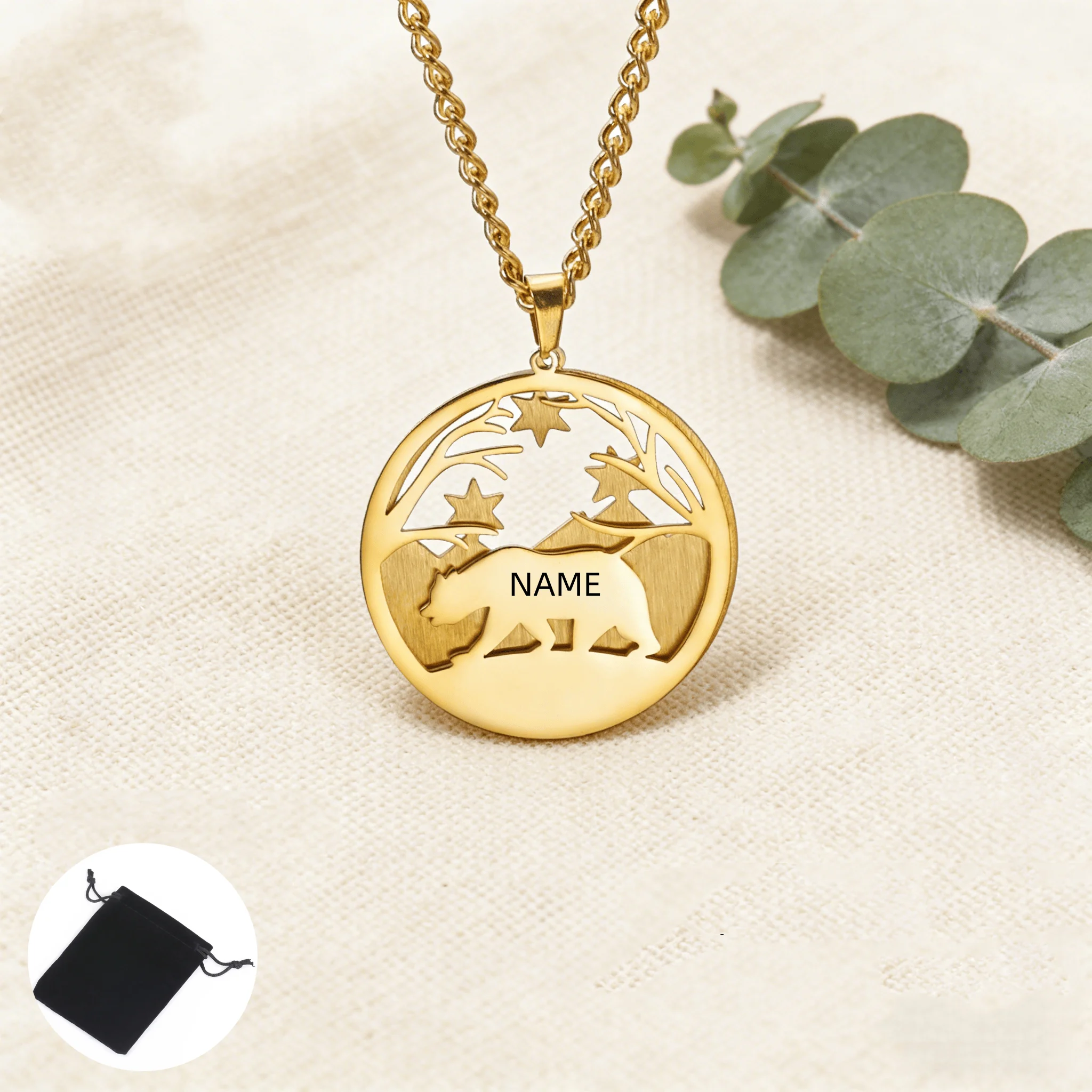 Customized name text bear necklace under the stars stainless steel double-layer stacking effect animal bear jewelry gift