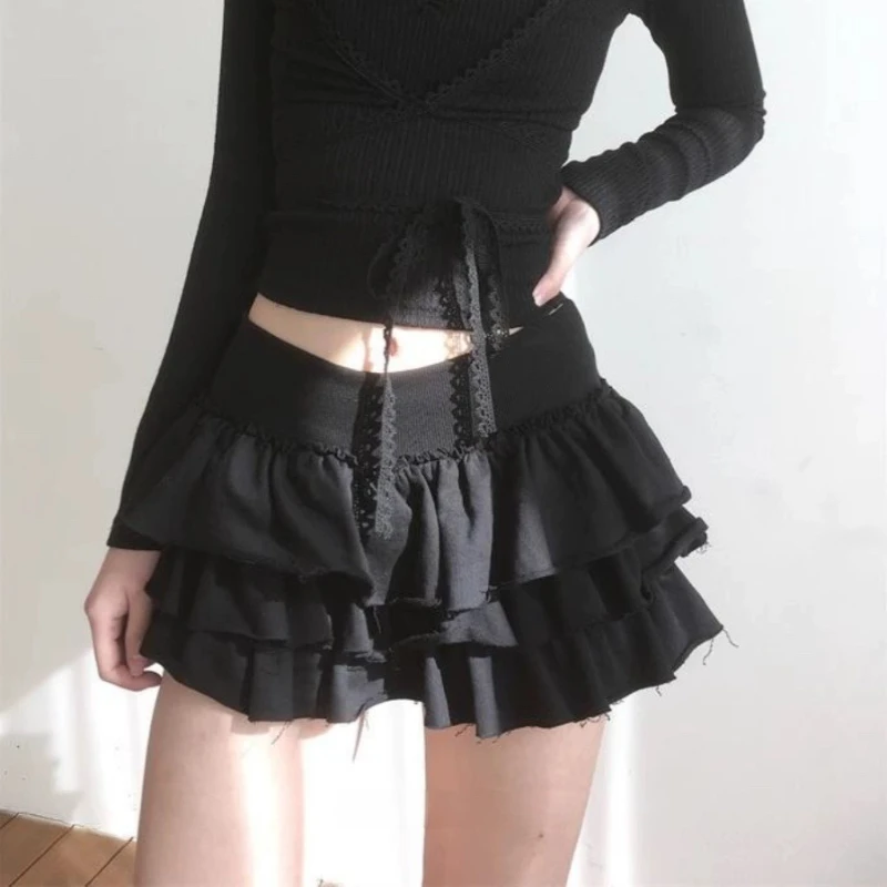 Deeptown Sweet Ruffle Mini Skirt Women Korean Style Kawaii Short Skirt Fashion Vintage Casual Solid Layered Cake Skirts Summer