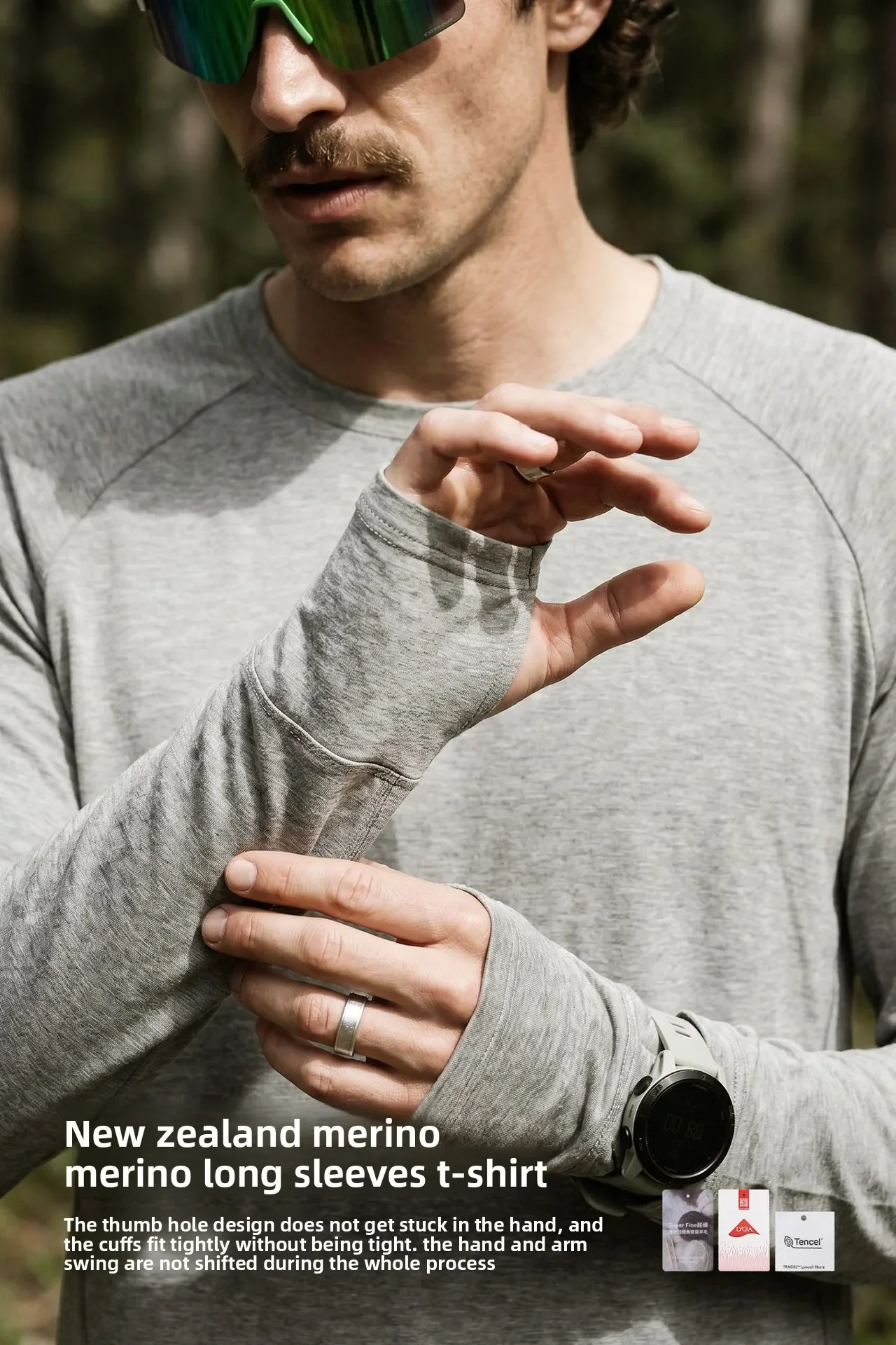 Herren Merinowolle-Mischgewebe Baselayer Langarmshirt Leichtes Atmungsaktives Sportoberteil für Wandern Laufen Schnelltrocknend Outdoor – Detail 7
