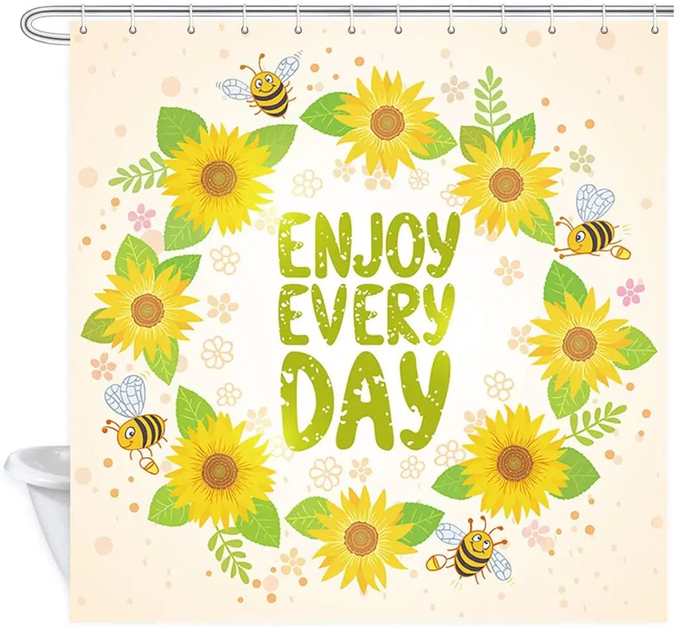 Motivational Quotes Shower Curtain Wreath Sunflower Cute Cartoon Bees Text Every Day Polyester Fabric Bath Curtains with Hooks