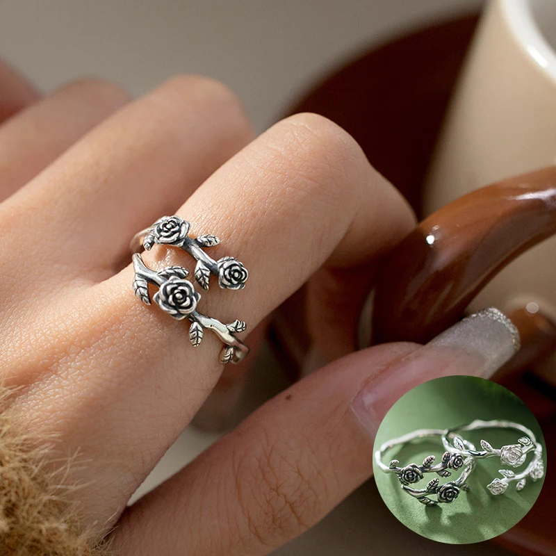 

100% 925 Sterling Silver Flower Ring for Women Girl Fashion Vintage Rose Foliage Plant Design Jewelry Party Gift Dropshipping