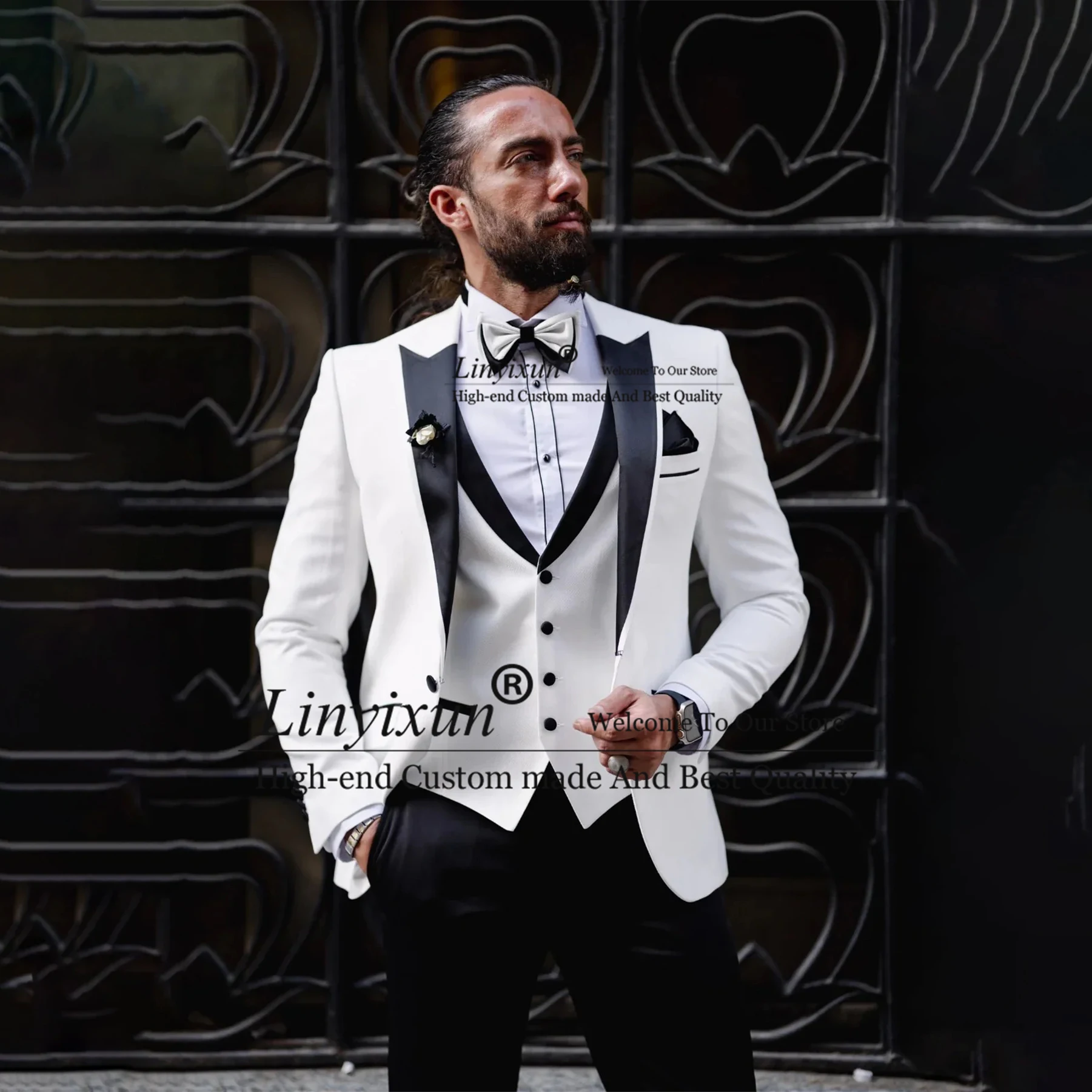 

White Wedding Suits For Men 3 Pieces Formal Elegant Groom Tuexdos Peaked Lapel Business Blazer+Vest+Pants Costume Homme Mariage