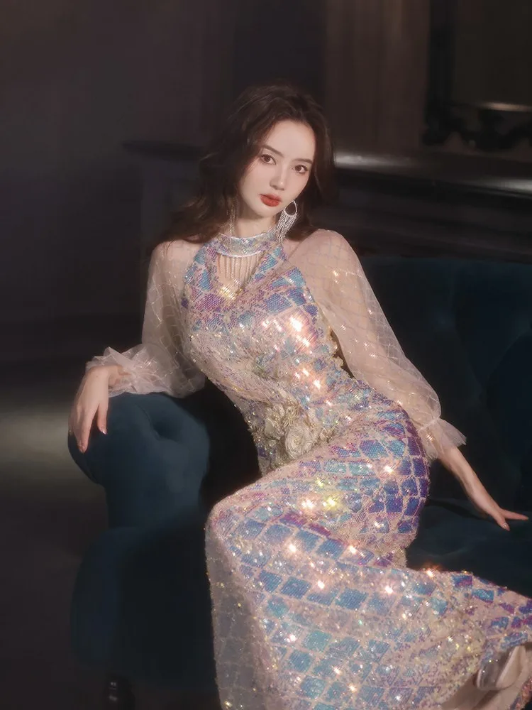 Sequined adult-style banquet fishtail light luxury niche haute couture tassel host heavy dress view 4