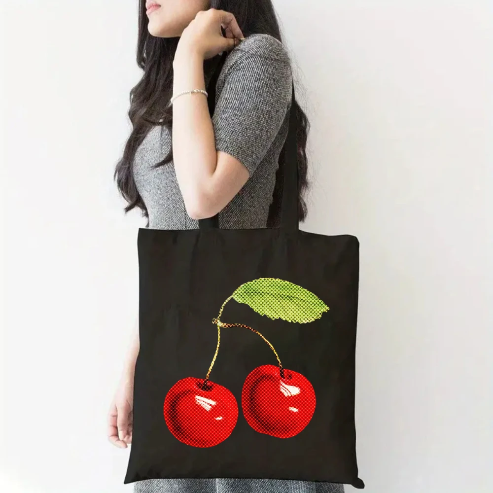 Korean Chic Retro Cherry Canvas Tote Bag Casual Black Shoulder Bag with Halftone Red Cherry Print for Everyday Use Black
