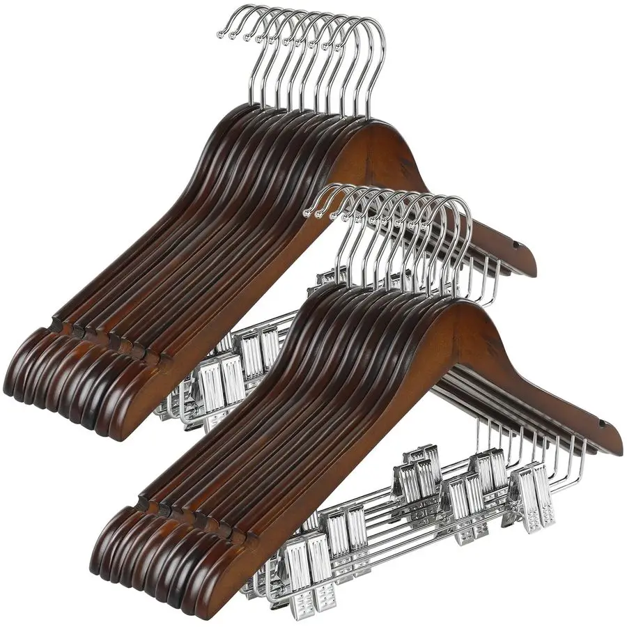 

Деревянные вешалки для костюмов с регулируемыми металлическими зажимами, 20 шт., вешалки для одежды из цельного дерева, поворотный крючок на 360 градусов, брюки премиум-класса с отделкой в стиле ретро
