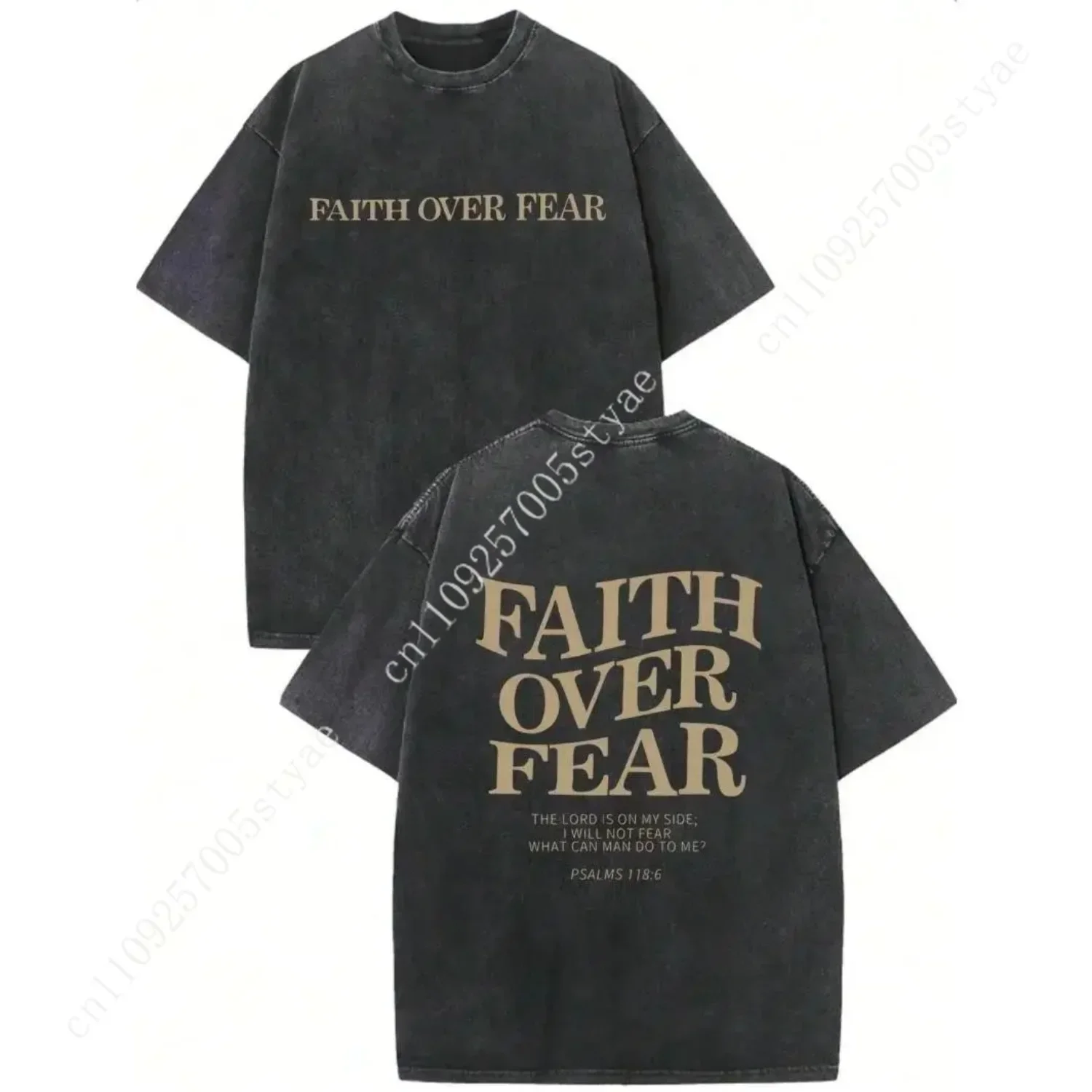 Men's Oversized Vintage Graphic T-Shirt - Washed Cotton, Bible Psalms 118:6, Casual Loose Fit, Short-Sleeve, Round Neck, Summer