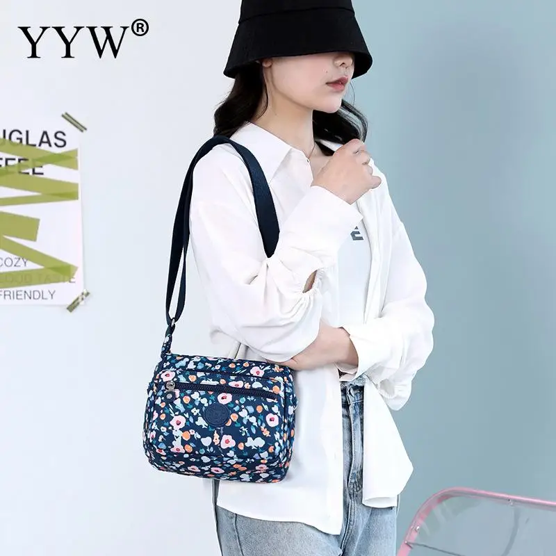 Fashion Floral Printing Cloth Crossbody Ladies Casual Shoulder Bag Multi Pocket Nylon Waterproof Handbag Women Shopping Tote Bag