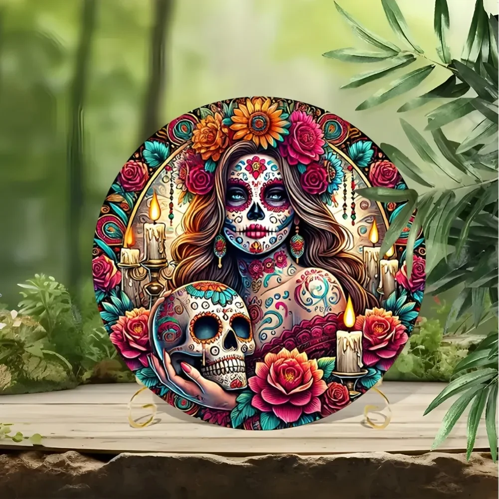 1pc 8-Inch Round Frameless Iron Wall Art - Traditional Mexican Sugar Skeleton Design, Vintage 2D Metal Sign, Ideal for Home/Bar view 4