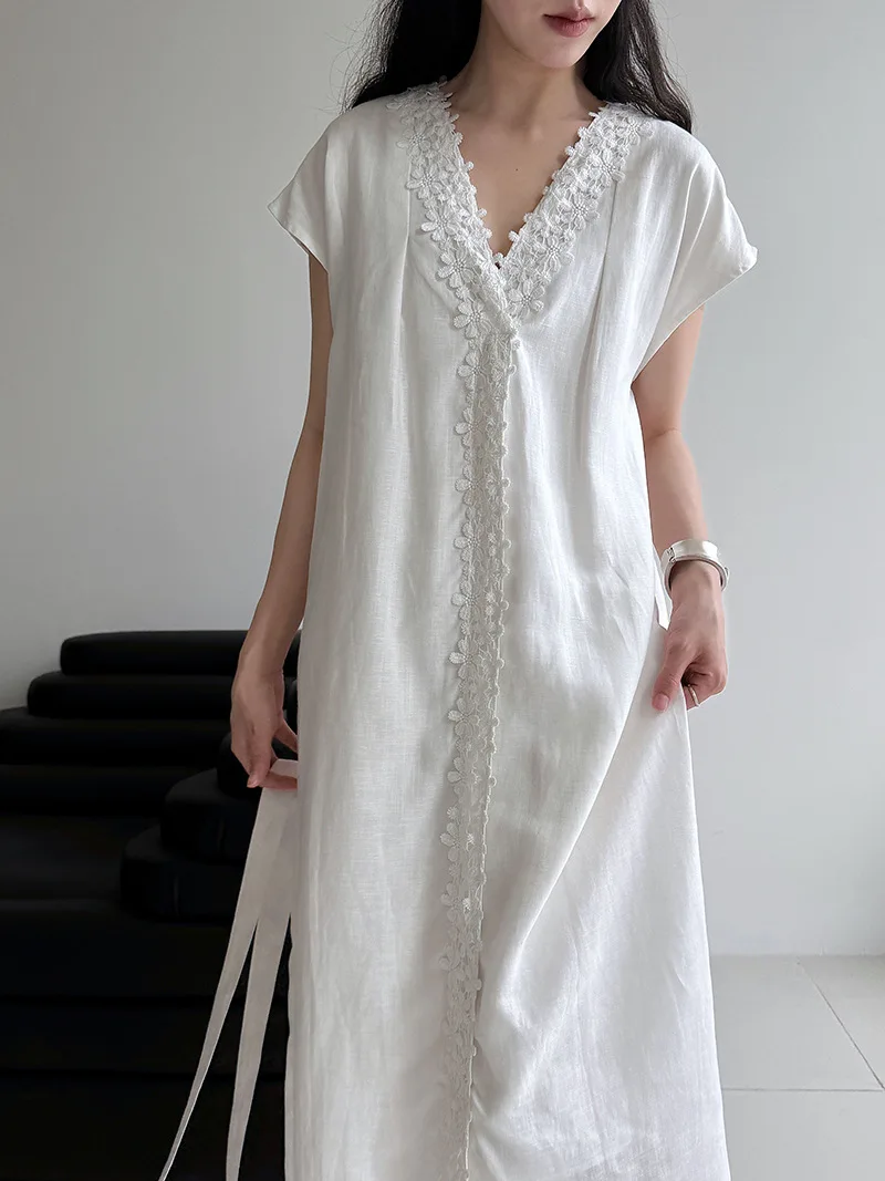 

French women's dress, linen lace crochet embroidered V-neck dress, summer high-end linen loose long dress 2025 new