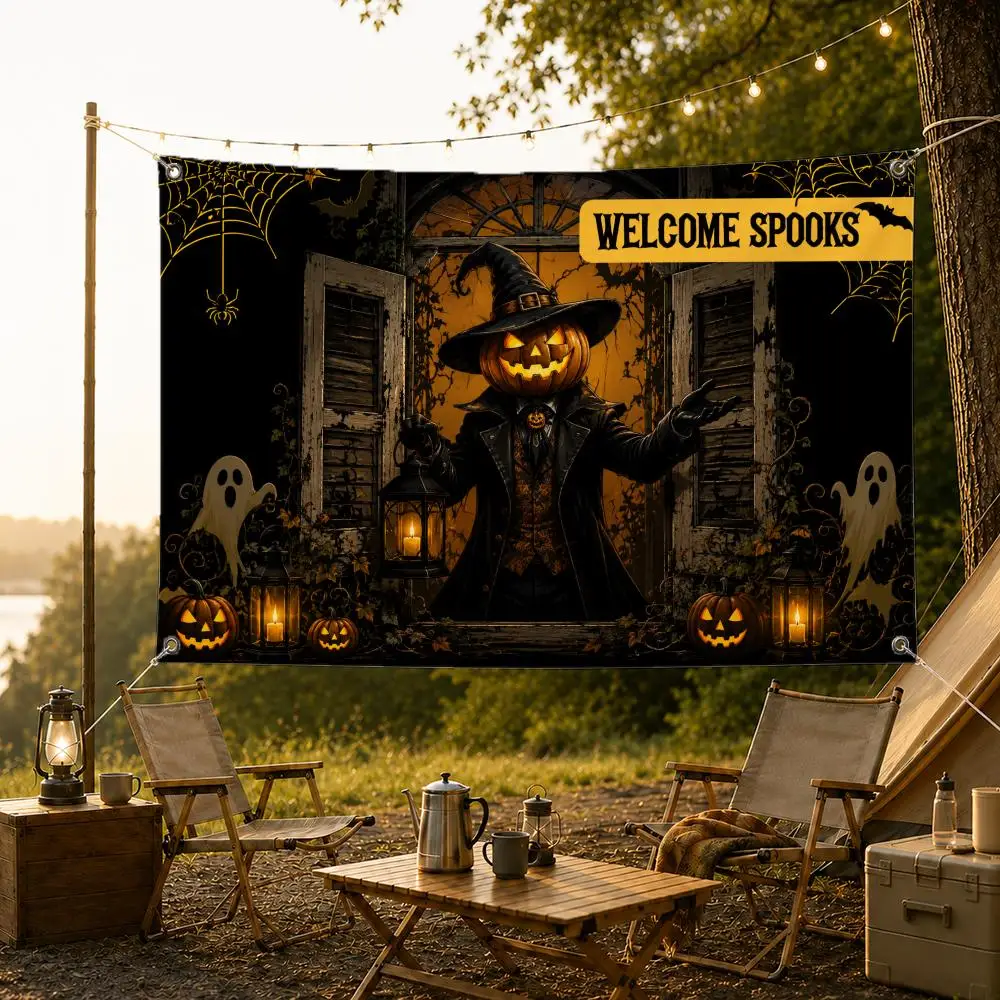 Dark Halloween Window Illustration Flags Fade Resistant Flag Washable Lightweight HD Print Indoor Outdoor All-Weather