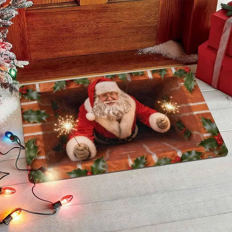 VIKAMA 3D Santa Sunglasses Chimney Doormat Christmas Welcome Mat Non Slip Front Door Rug Xmas Decor Home Holiday Winter