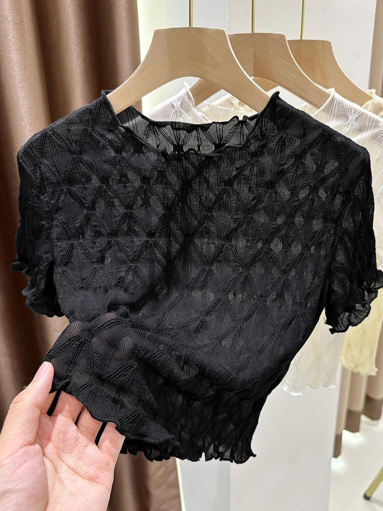 

Летняя женская модная футболка с кружевом и оборками, облегающий тонкий корейский топ с коротким рукавом