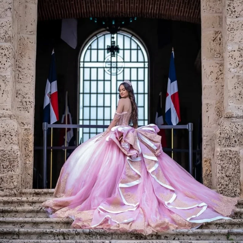 Customized Pink Quinceanera Dresses Off the Shoulder glitter decal crystal glitter Bow Long tail Vestido 15 Quinceanera