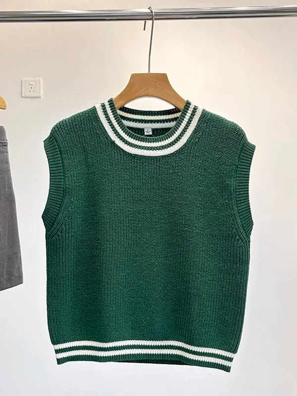 

College Sle Versatile Color Blo round Ne Svel Cotton Blend Knitted Vest Spring Summer Women's Japanese Adventure Top